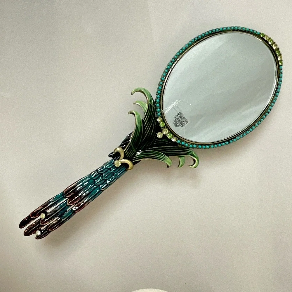 Art Nouveau Parrot Enamel Hand Mirror Mandalay Austrian Crystal Box Twos Company